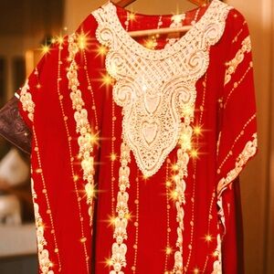 Elegant Red Kaftan with Intricate White and yellow Embroidery